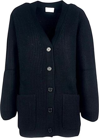 P.A.R.O.S.H. Ribgebreide Cardigan met Patchzakken - Dames - Vesten - Zwart - L - Wol - Truien & Vesten