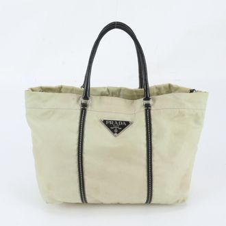 Prada Beige Leather Nylon Handbag Tote Bag (Pre-Owned)