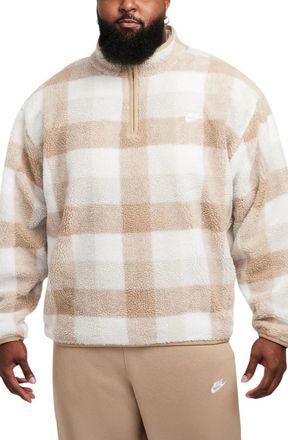 Nike Club Sweatshirt Mens Khaki Sail Plaid Fleece Winterized 1/2 Zip DSGL342