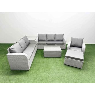 Fimous 8 Seater Poly Rattan Outdoor Garden Furniture Sofa Set Patio 3 Seater Sofa Reclining Chair 3 Seater Sofa Big Footstool Side Table Light Grey - Fimous