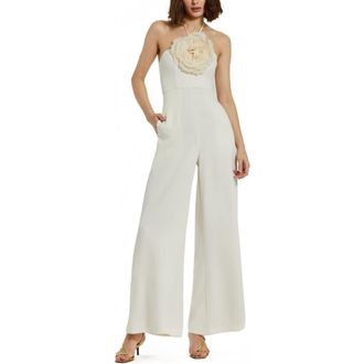 Mac Duggal Crepe Halter Neck Flower Detail Jumpsuit in Ivory at Nordstrom, Size 6