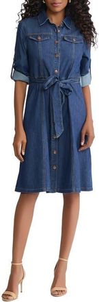 Jones New York Tie Waist Denim Midi Shirtdress in Aries Wash at Nordstrom, Size X-Small P