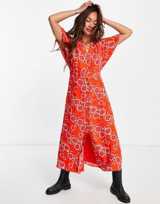 Whistles Ella floral midi tea dress in red