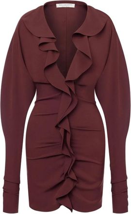 Philosophy di Lorenzo Serafini Auburn Brown Ruffled V-Neck Jurk - Dames - Feestkleedjes - Bruin - S - Polyester - Kleedjes