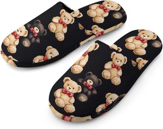 Generic Cute Teddy Bears Mens Slippers Flannel Warm House Shoes with Rubber Anti-Slip Sole Slip On for Home Outdoor