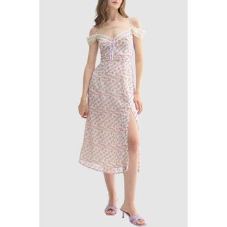 All in Favor Lace Trim Satin Ribbon Cold Shoulder Midi Dress in Cream Lilac at Nordstrom Rack, Size Large
