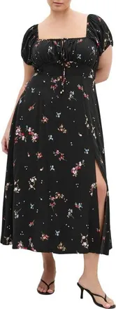City Chic Abbie Floral Print Midi Dress in Petal Bouquet Black at Nordstrom, Size Xxxs