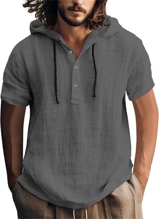 Generic Hoodies for Men UK: Cotton Linen Shirt with Hood Plain Hooded Pullover Tops Casual Drawstring Solid Color Hoody T-Shirts Men Summer Long-Sleeve Button