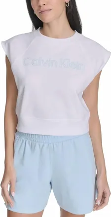 Calvin Klein Performance Cropped Sleeveless Outline Logo Sweatshirt In White / Cool Blue
