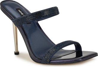 Nine West Yogirl Sandals Navy Slip On Square Toe Stiletto Heel HTAT736