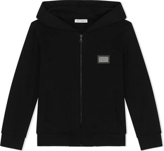 Dolce & Gabbana Kids Sweatshirts, male, Black, 12 Y, Zipped Hoodie with Logo Plaque