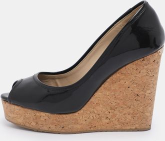 Jimmy Choo London Black Patent Papina Open Toe Cork Wedge Pumps