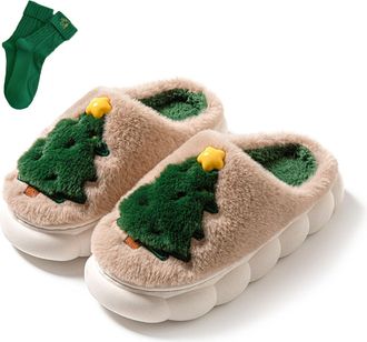 Generic Christmas Tree Plush Slippers Women Men, Winter House Slides, Cozy Fuzzy Fluffy Soft Warm Shoes With Socks (Brown, M, Adult, Women, 9, Numeric Range, 