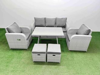 Fimous Reclining Chair 3 Seat Sofa Set Garden Furniture Set with Small Stools in Light Grey