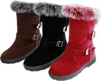 Generic Ladies Fashion Winter Boots Mid Calf Height Soft Faux Lined Warm Slope Heel with Buckle Strap Comfortable Casual Footwear(Black, 5.5)