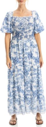Max Studio Print Smocked Puff Sleeve Maxi Dress in Cream/Denim at Nordstrom Rack, Size X-Small