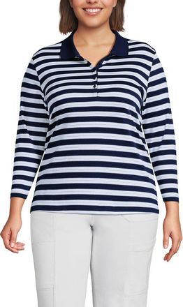 Lands End 3/4 Sleeve Supima Cotton Polo Shirt in Deep Sea/blue Multi Stripe at Nordstrom, Size 3X