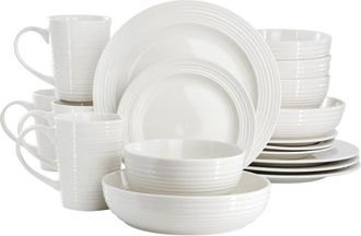 Elama Nikki 18 Piece Ribbed White Porcelain Dinnerware and Serving Bowl Set at Nordstrom