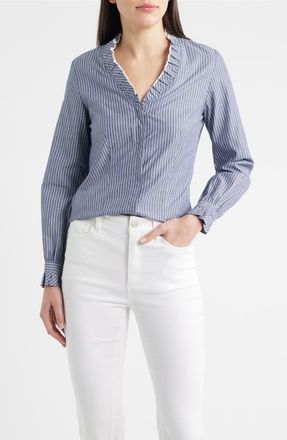 Anne Klein Ruffle Detail Stripe Cotton Button-Up Shirt in Distant Mntn Multi at Nordstrom, Size Xx-Small