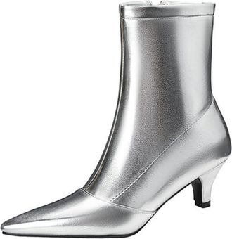 Generic Womens Kitten Heels Ankle Boots Pointed Toe Back Zipper Work Party Dress Shoes (7.5,Silver)