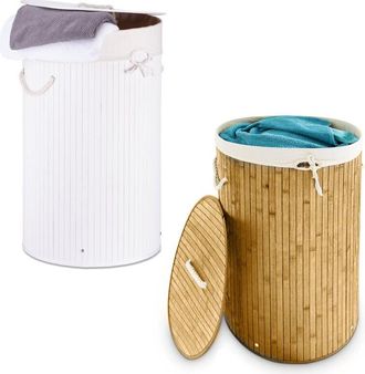 Relaxdays Juego De 2 Cestas Redondas Para Ropa, Sistema De Separaci&oacute;n De Bamb&uacute;, Cesto Con Bolsa Extra&iacute;ble, 80 L, Natural Y Blanco