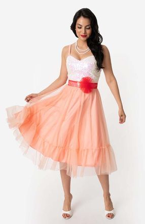 Unique Vintage Chiffon Swing Dress in Peach And White at Nordstrom, Size X-Large