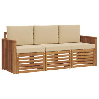 vidaXL Juegos De Sof&aacute;s 3 Pcs Natural Y Beige Madera De Acacia S&oacute;lida Vidaxl