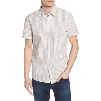 AG - Adriano Goldschmied Nash Regular Fit Short Sleeve Sport Shirt in Natural/Dried Sumac Stripe at Nordstrom Rack, Size X-Large