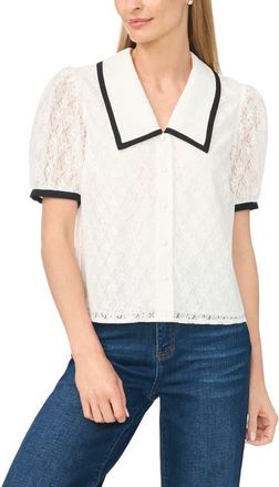 CeCe by Cynthia Steffe Contrast Trim Lace Puff Sleeve Top in New Ivory at Nordstrom, Size Xx-Large