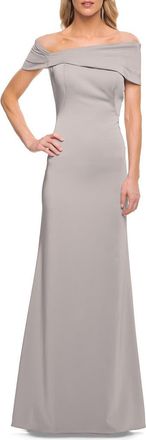 La Femme Simply Chic Off the Shoulder Jersey Gown in Silver at Nordstrom, Size 16