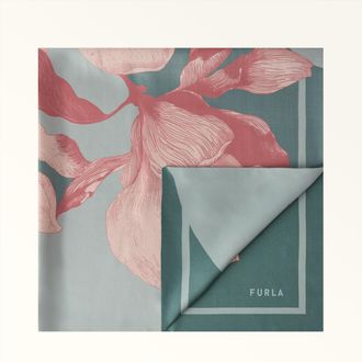 Furla Tortona Foulard Winter Sky Blu Twill Di Seta Con Stampa Big Magnolia Donna