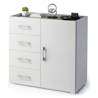 Dmora Aparador Violetta, Buffet Con 1 Puerta Y 4 Cajones, Aparador De Sal&oacute;n, Mueble Multiusos Con Baldas, 100% Made In Italy, Cm 90x41h87, Blanco, Con Embal