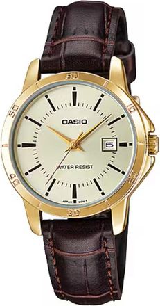 Casio Womens Gold-Tone Watch with Brown Leather Band and Champagne Dial - LTP-V004GL-9AUDF