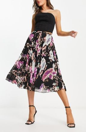 Asos Pleated Floral Skirt in Black Multi at Nordstrom, Size 6 Us