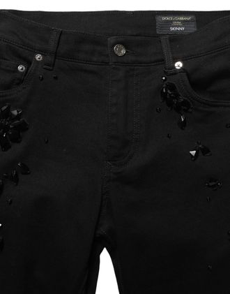 Dolce & Gabbana Mens Black Embellished Cotton Skinny Denim Jeans Elastane Clothing