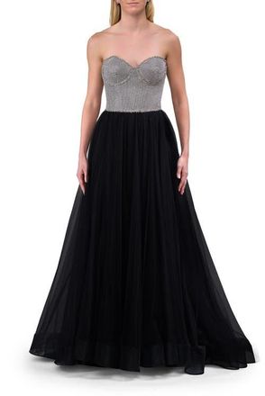 La Femme Unique Rhinestone Top with Tulle Skirt Prom Dress in Black at Nordstrom, Size 10