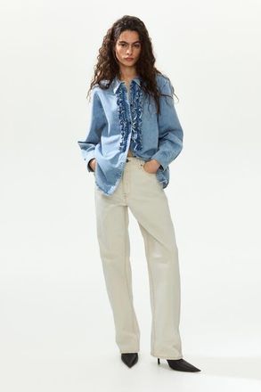 H&M Ruffle-trimmed denim shirt in Denim Blue at Nordstrom, Size Medium