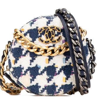 Chanel Navy and White 2020 Tweed 19 Round Clutch With Chain