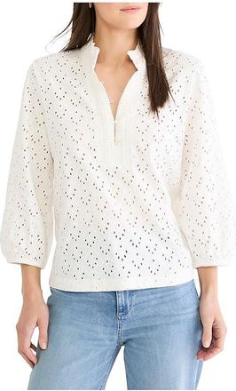 Nic+Zoe Petite Knit Eyelet Ruffle Neck Top Womens Clothing Paper White : PS, Cotton