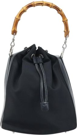 Gucci Vintage Bamboo Bucket Bag Nylon And Leather Black Nylon Handbag (Pre-Owned)