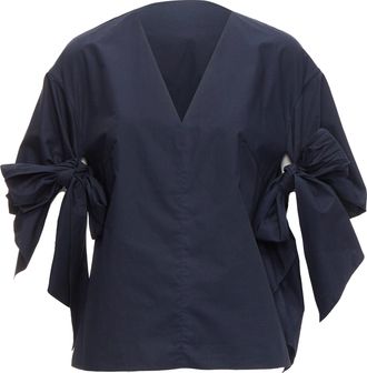 Delpozo DELPOZO navy cotton knot tie sleeves V neck relaxed top FR36A S