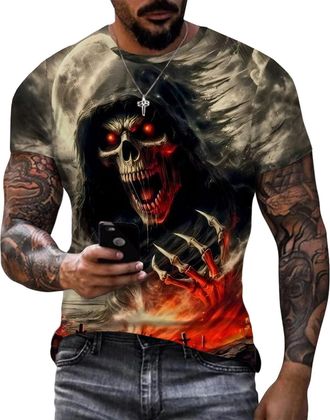 Generic Skull T-Shirts for Men Casual Halloween T-Shirt Creepy Skull Retro Graphic Tees Gothic Basic Top Summer Party Vacation Travel