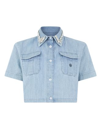 Philipp Plein Chambray Cropped Shirt Crystals