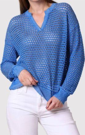 Minnie Rose Cotton Cashmere Mesh Split Neck Top In Bayou Blue