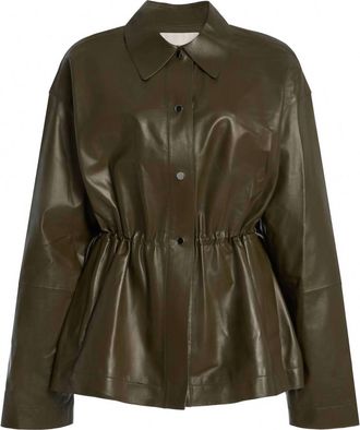 Lafayette 148 New York Womens Lambskin Leather Gathered-Waist Jacket In Garland Green
