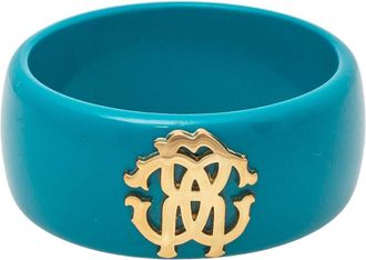 Roberto Cavalli Teal Blue Logo Wide Bangle Bracelet