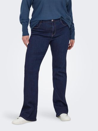 Only Carmakoma Bootcut-Jeans ONLY CARMAKOMA CARTHUNDER LIFE MID PUSH UP FLARED DNM, Damen, Gr. 42, L&auml;nge 32, blau (dunkelblau denim), Denim/Jeans, Obermaterial: 53% 