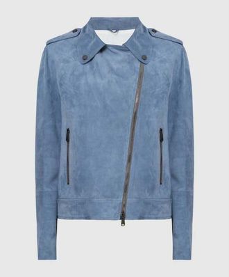 Brunello Cucinelli Blue Leather Biker Jacket, Brand Size 46 (US Size 12)