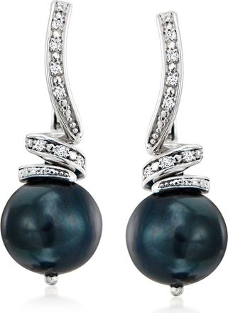 Ross-Simons 10-11mm Black Cultured Pearl and. Diamond Drop Earrings in Sterling Silver