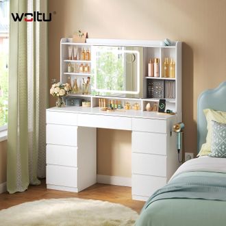 Woltu Woltu Tocador Con Luz Led, Tablero De 107 Cm De Ancho, 9 Cajones Y Estantes, Con Enchufe Y Soporte Para Secador De Pelo, Blanco